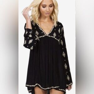 Free People Diamond Embroidered Top Black Cream Rayon Flowy Boho Women's S